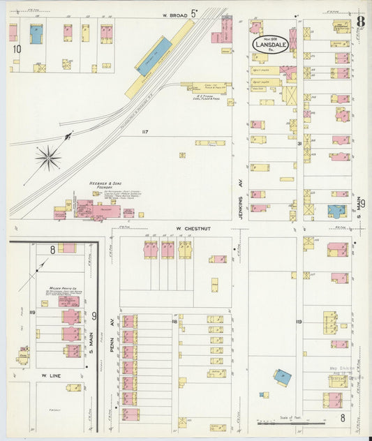 Sanborn Fire Insurance Map from Lansdale, Montgomery County, Pennsylvania (1912), Sheet #0008 - Historic Sanborn Fire Insurance Map Print, vintage old map wall art, antique decor, genealogy gift, Pennsylvania Pennsylvania map