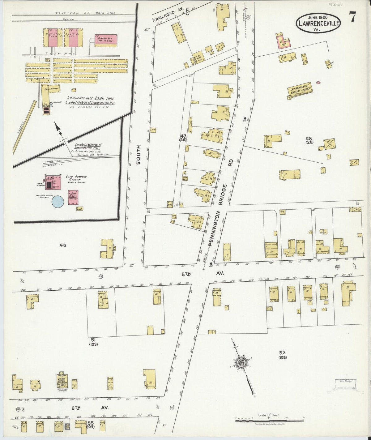 Sanborn Fire Insurance Map from Lawrenceville, Brunswick County, Virginia (1920), Sheet #0007 - Historic Sanborn Fire Insurance Map Print, vintage old map wall art, antique decor, genealogy gift, Virginia Virginia map