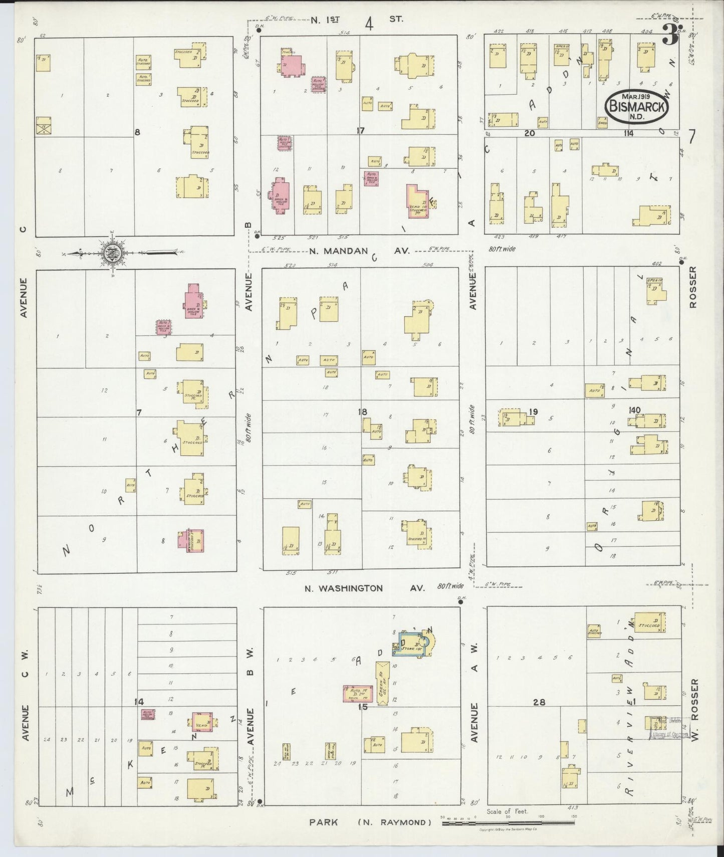 Sanborn Fire Insurance Map from Bismarck, Burleigh County, North Dakota (1919), Sheet #0003 - Historic Sanborn Fire Insurance Map Print, vintage old map wall art, antique decor, genealogy gift, North Dakota North Dakota map