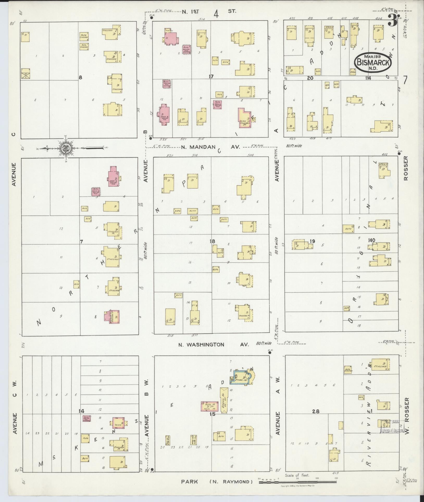 Sanborn Fire Insurance Map from Bismarck, Burleigh County, North Dakota (1919), Sheet #0003 - Historic Sanborn Fire Insurance Map Print, vintage old map wall art, antique decor, genealogy gift, North Dakota North Dakota map