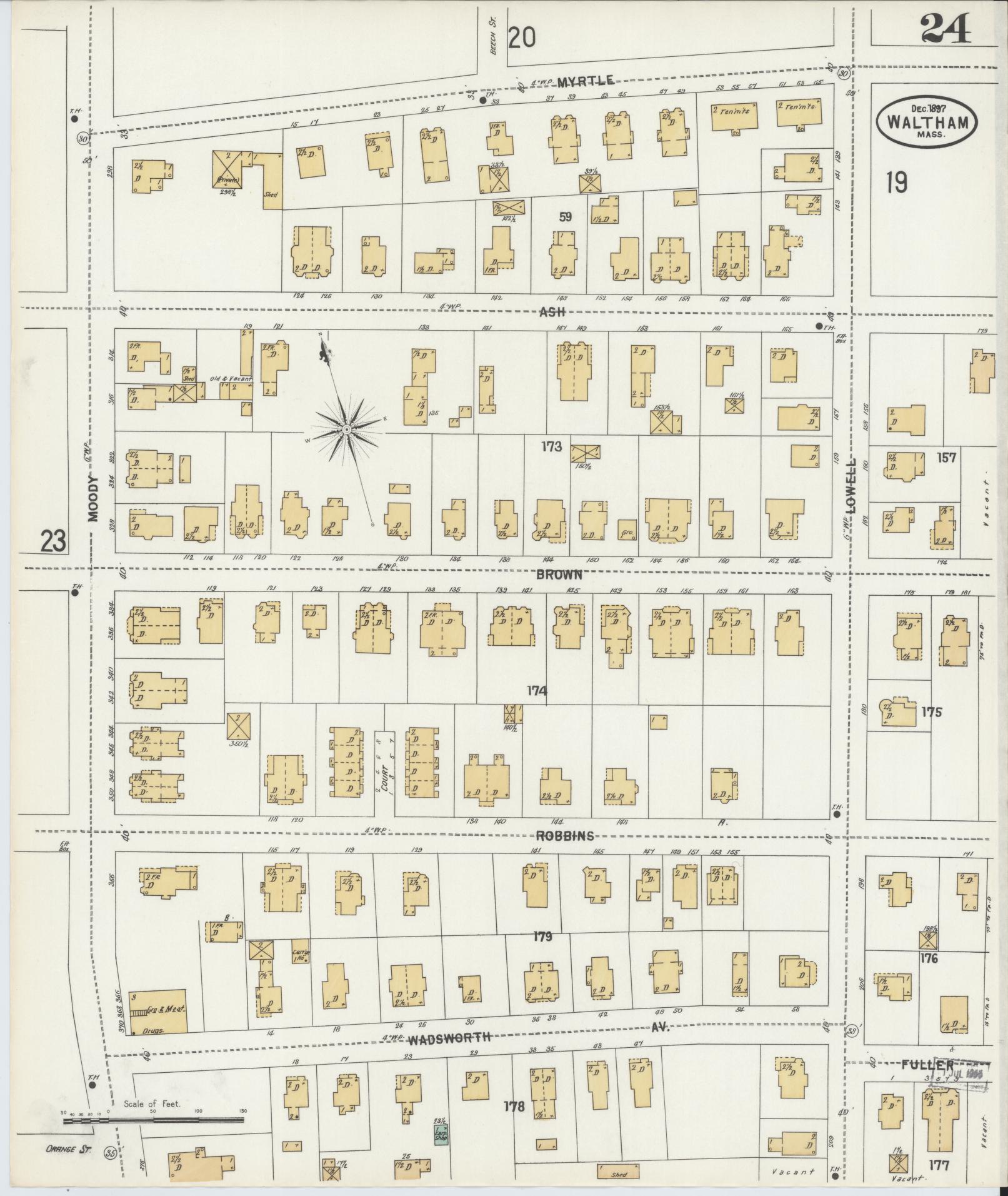 Sanborn Fire Insurance Map from Waltham, Middlesex County, Massachusetts (1897), Sheet #0024 - Complete Map Set gallery image, historic Sanborn map, vintage wall art, Massachusetts Massachusetts