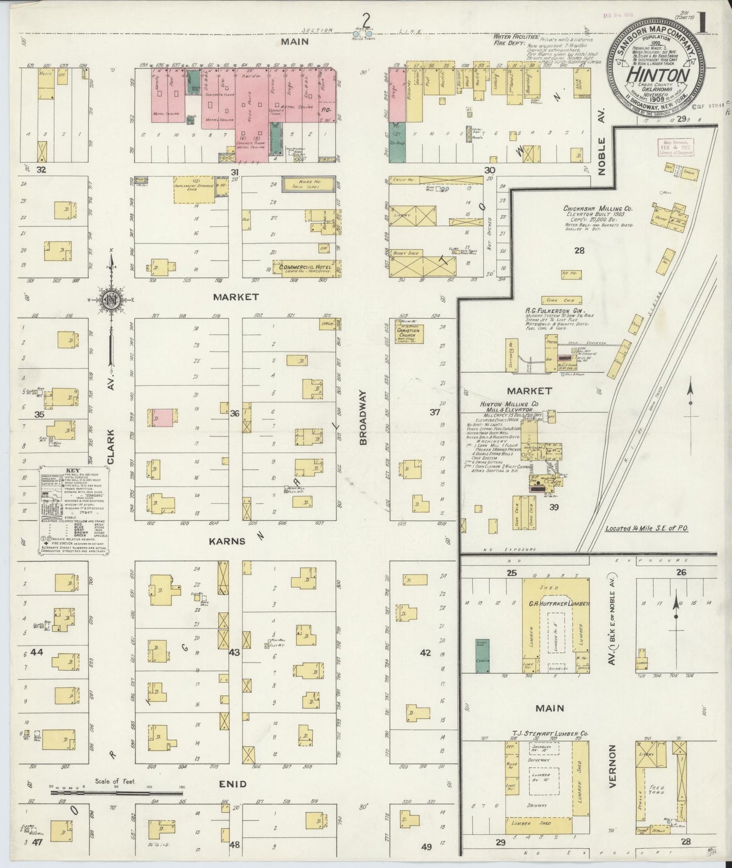 Sanborn Fire Insurance Map from Hinton, Caddo County, Oklahoma (1909), Sheet #0001 - Historic Sanborn Fire Insurance Map Print, vintage old map wall art, antique decor, genealogy gift, Oklahoma Oklahoma map