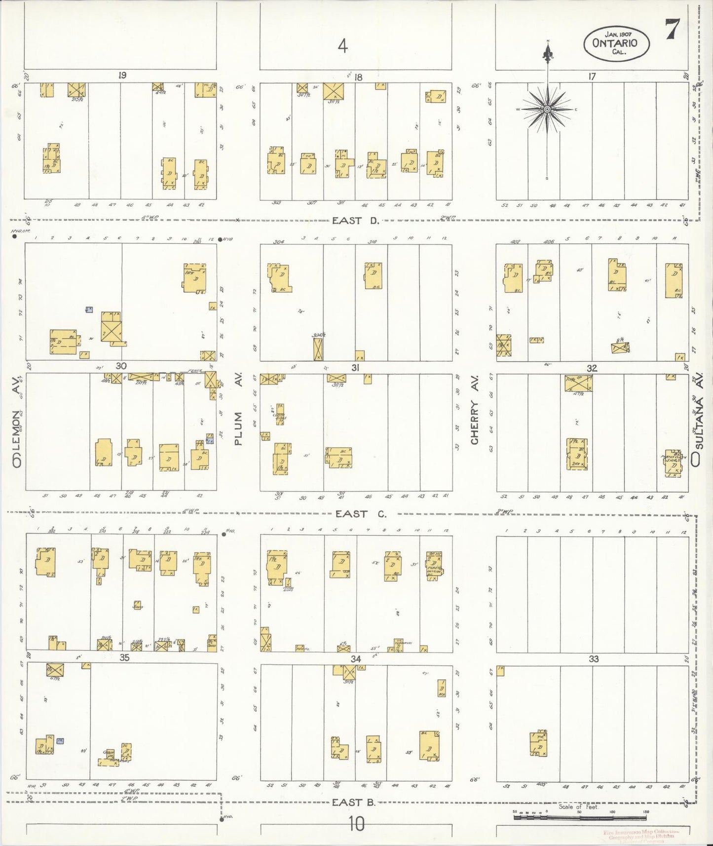 Sanborn Fire Insurance Map from Ontario, San Bernardino County, California (1907), Sheet #0007 - Complete Map Set gallery image, historic Sanborn map, vintage wall art, California California