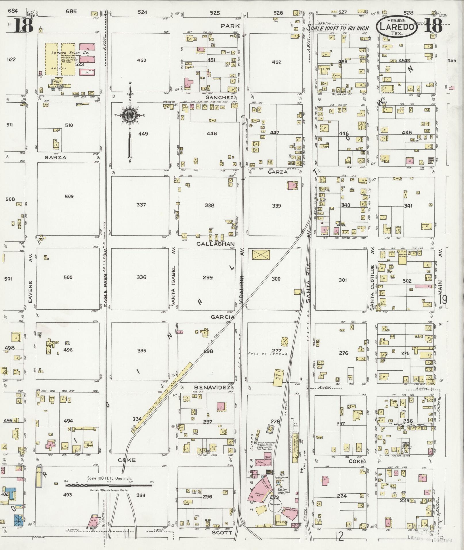Sanborn Fire Insurance Map from Laredo, Webb County, Texas (1925), Sheet #0018 - Historic Sanborn Fire Insurance Map Print, vintage old map wall art, antique decor, genealogy gift, Texas Texas map