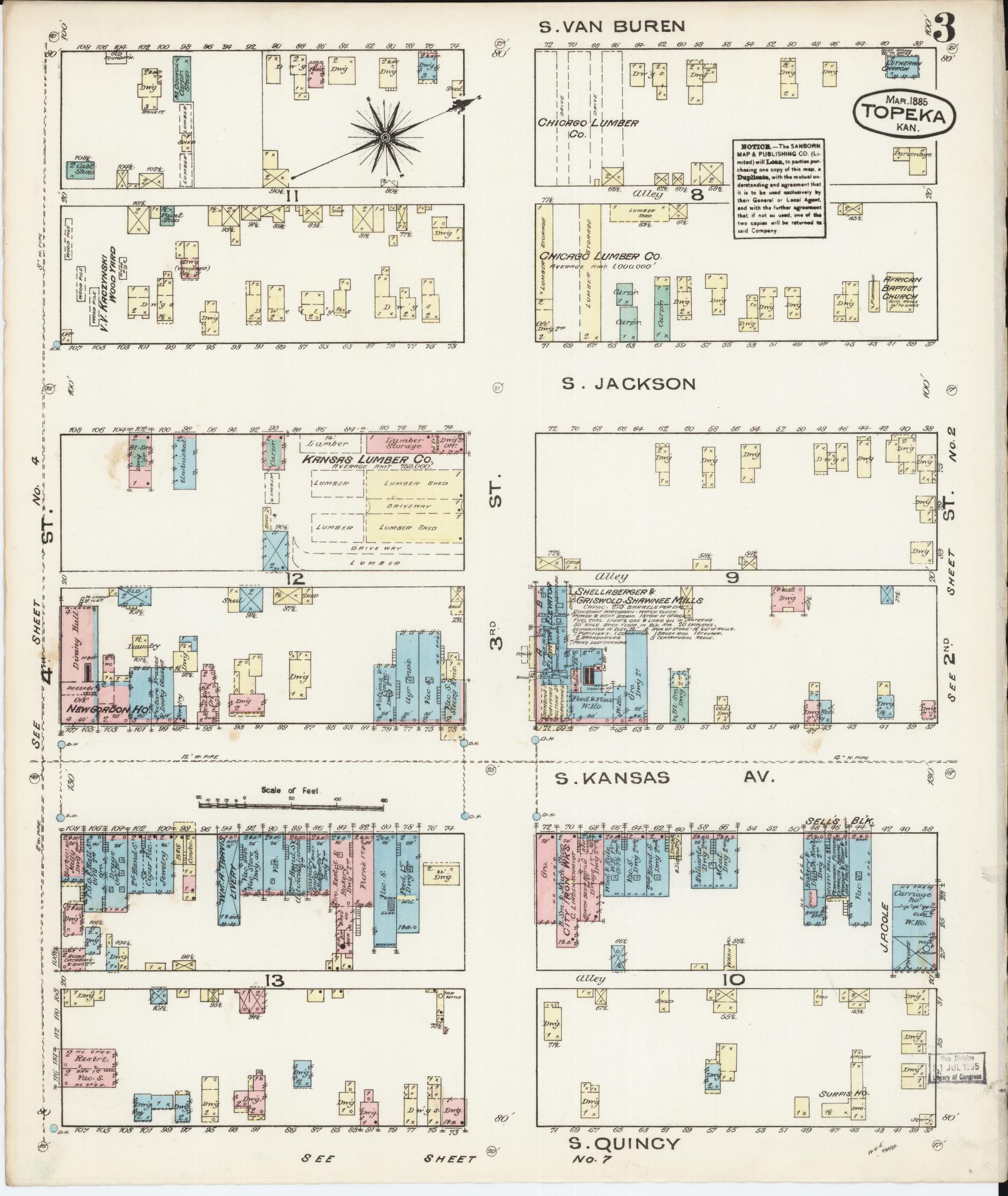Sanborn Fire Insurance Map from Topeka, Shawnee County, Kansas (1885), Sheet #0003 - Complete Map Set gallery image, historic Sanborn map, vintage wall art, Kansas Kansas