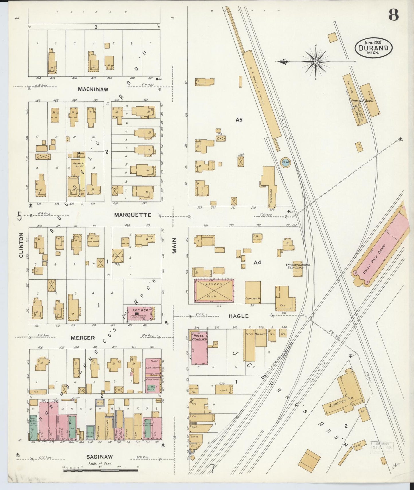 Sanborn Fire Insurance Map from Durand, Shiawassee County, Michigan (1908), Sheet #0008 - Historic Sanborn Fire Insurance Map Print, vintage old map wall art, antique decor, genealogy gift, Michigan Michigan map