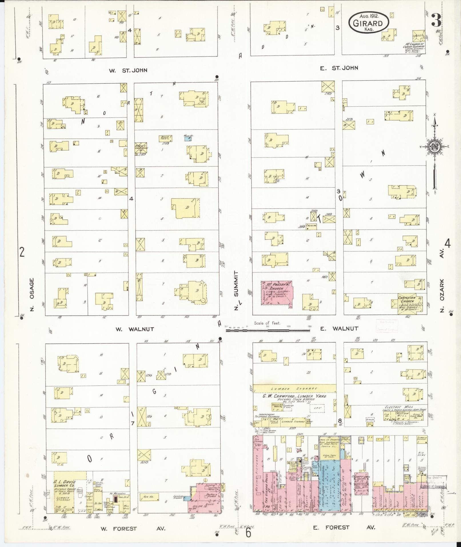 Sanborn Fire Insurance Map from Girard, Crawford County, Kansas (1912), Sheet #0003 - Historic Sanborn Fire Insurance Map Print, vintage old map wall art, antique decor, genealogy gift, Kansas Kansas map