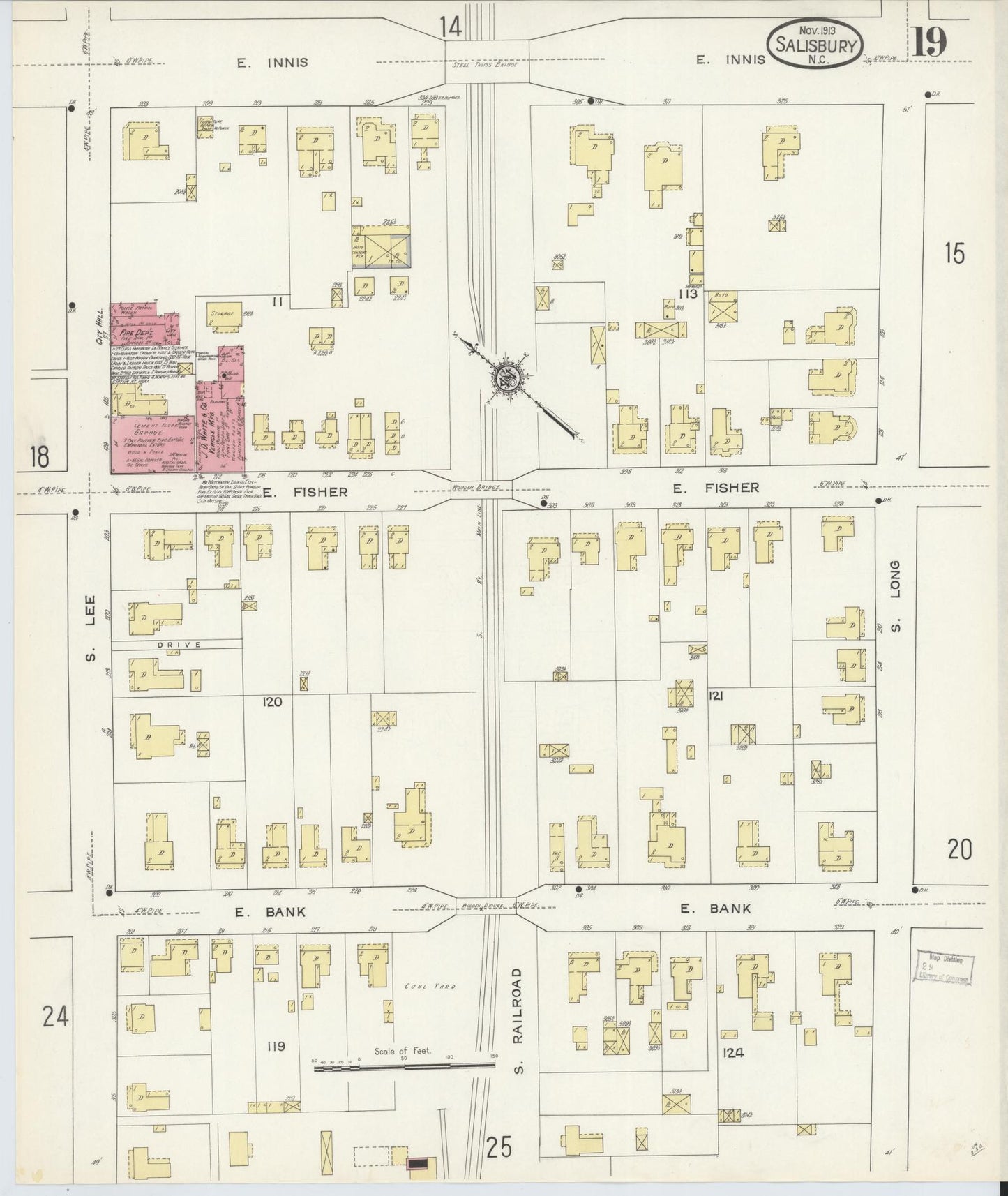 Sanborn Fire Insurance Map from Salisbury, Rowan County, North Carolina (1913), Sheet #0019 - Complete Map Set gallery image, historic Sanborn map, vintage wall art, North Carolina North Carolina