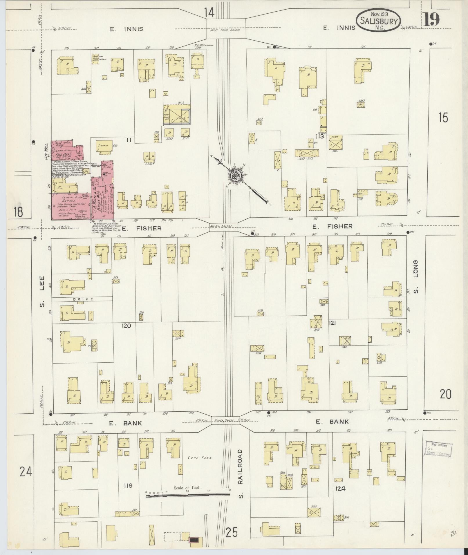 Sanborn Fire Insurance Map from Salisbury, Rowan County, North Carolina (1913), Sheet #0019 - Complete Map Set gallery image, historic Sanborn map, vintage wall art, North Carolina North Carolina
