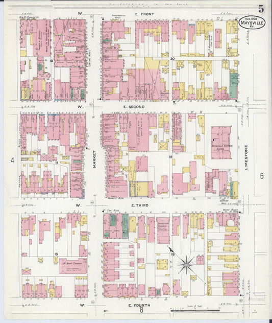 Sanborn Fire Insurance Map from Maysville, Mason County, Kentucky (1908), Sheet #0005 - Historic Sanborn Fire Insurance Map Print, vintage old map wall art, antique decor, genealogy gift, Kentucky Kentucky map