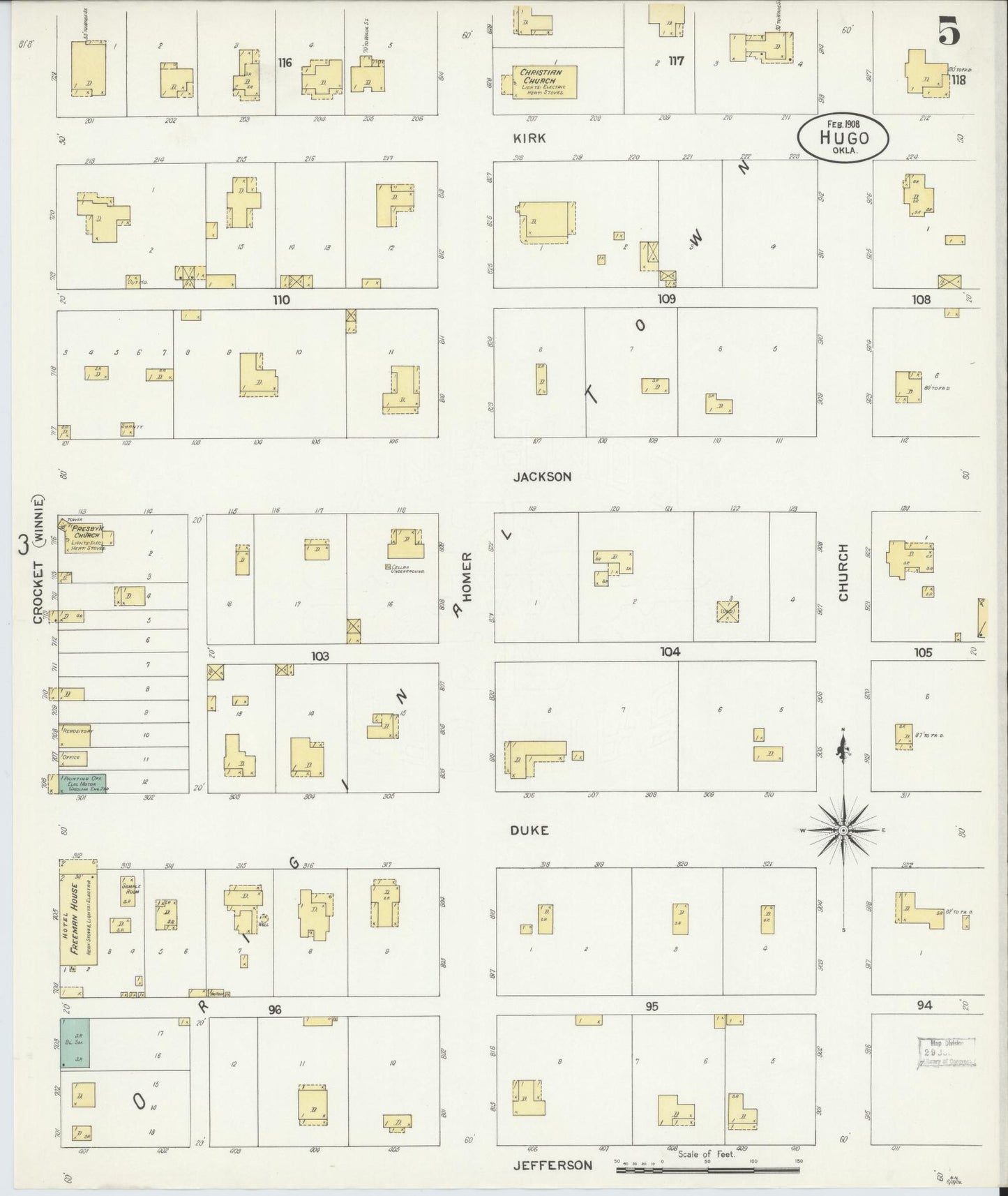 Sanborn Fire Insurance Map from Hugo, Choctaw County, Oklahoma (1908), Sheet #0005 - Historic Sanborn Fire Insurance Map Print, vintage old map wall art, antique decor, genealogy gift, Oklahoma Oklahoma map