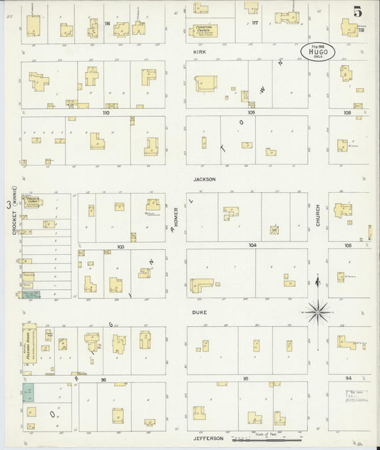 Sanborn Fire Insurance Map from Hugo, Choctaw County, Oklahoma (1908), Sheet #0005 - Historic Sanborn Fire Insurance Map Print, vintage old map wall art, antique decor, genealogy gift, Oklahoma Oklahoma map