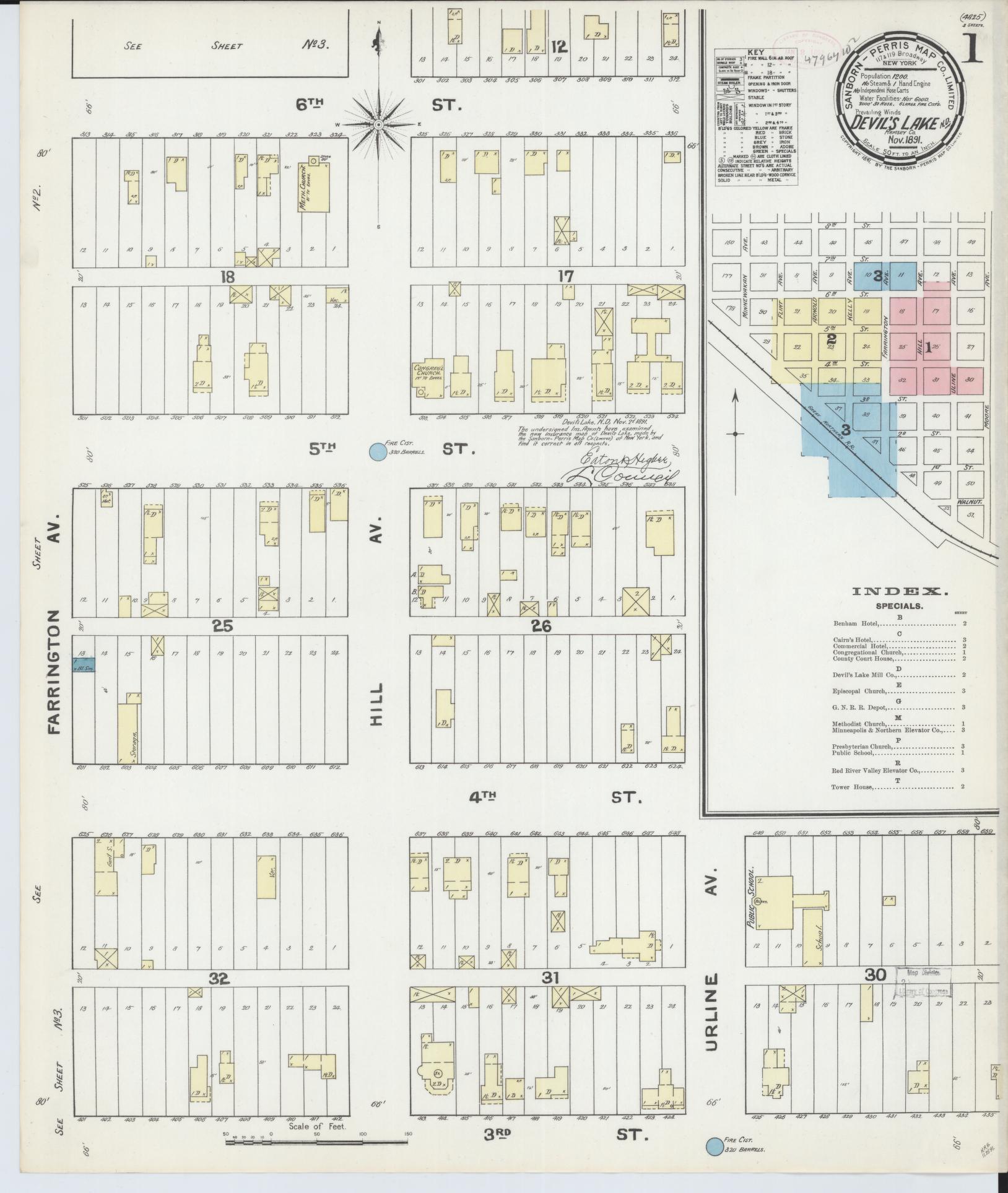 Sanborn Fire Insurance Map from Devils Lake, Ramsey County, North Dakota (1891), Sheet #0001 - Complete Map Set gallery image, historic Sanborn map, vintage wall art, North Dakota North Dakota