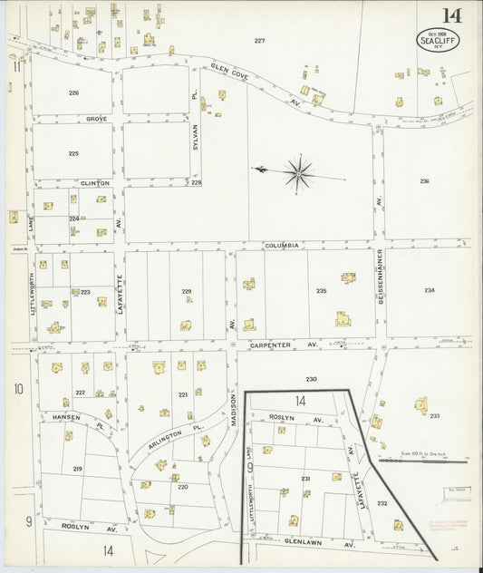 Sanborn Fire Insurance Map from Sea Cliff, Nassau County, New York (1908), Sheet #0014 - Historic Sanborn Fire Insurance Map Print, vintage old map wall art, antique decor, genealogy gift, New York New York map