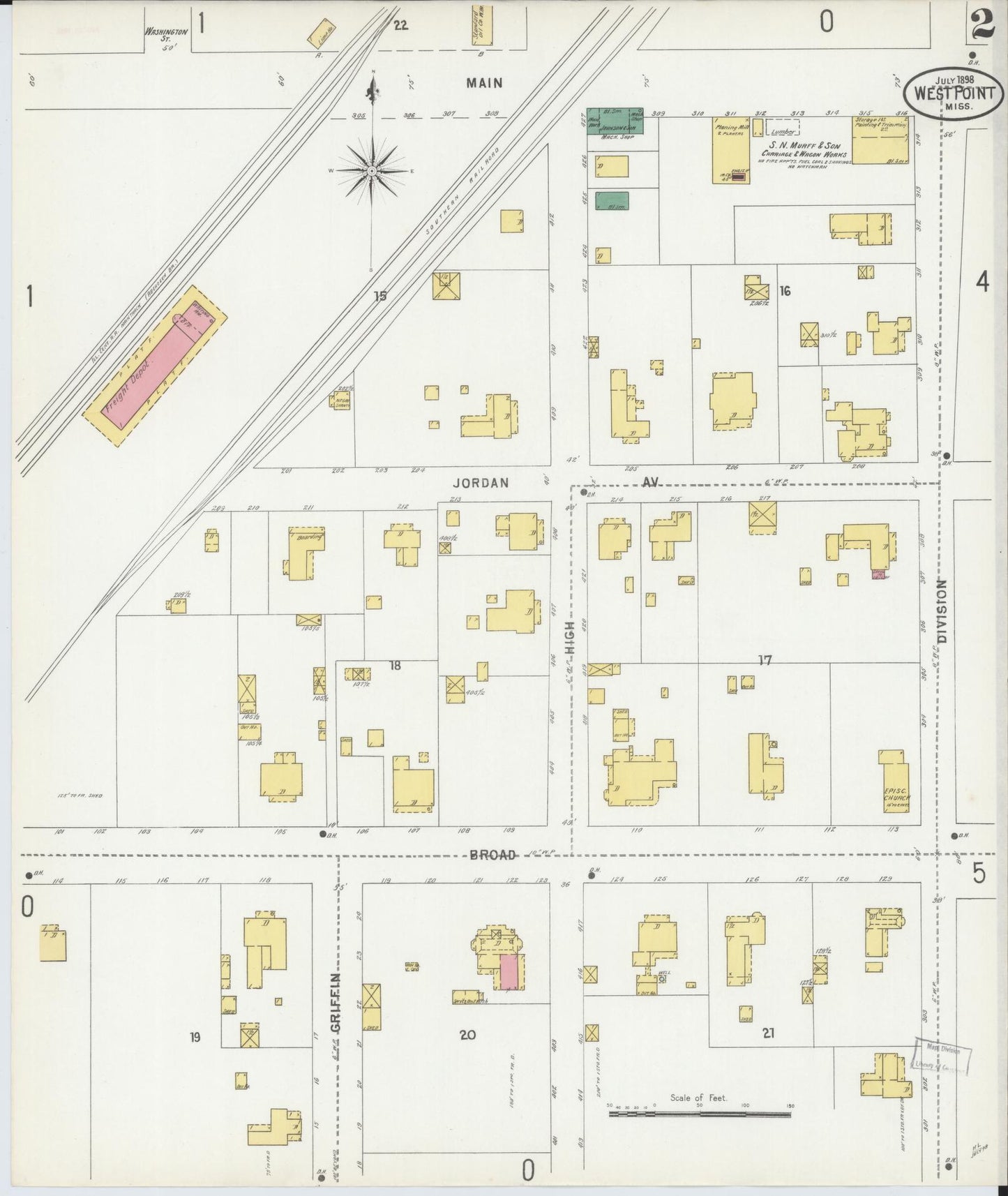 Sanborn Fire Insurance Map from West Point, Clay County, Mississippi (1898), Sheet #0002 - Complete Map Set gallery image, historic Sanborn map, vintage wall art, Mississippi Mississippi