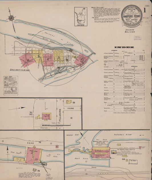 Sanborn Fire Insurance Map from Harpers Ferry, Jefferson County, West Virginia (1922), Sheet #0001 - Historic Sanborn Fire Insurance Map Print, vintage old map wall art, antique decor, genealogy gift, West Virginia West Virginia map