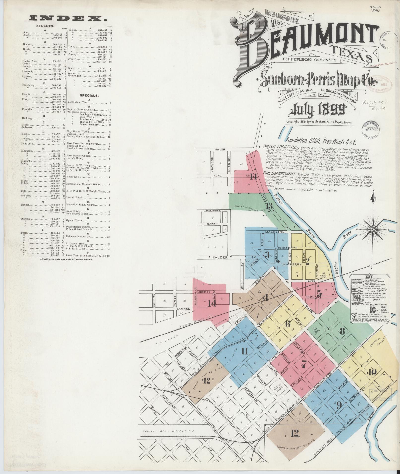 Sanborn Fire Insurance Map from Beaumont, Jefferson County, Texas (1899), Sheet #0001 - Historic Sanborn Fire Insurance Map Print, vintage old map wall art, antique decor, genealogy gift, Texas Texas map