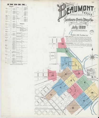 Sanborn Fire Insurance Map from Beaumont, Jefferson County, Texas (1899), Sheet #0001 - Historic Sanborn Fire Insurance Map Print, vintage old map wall art, antique decor, genealogy gift, Texas Texas map