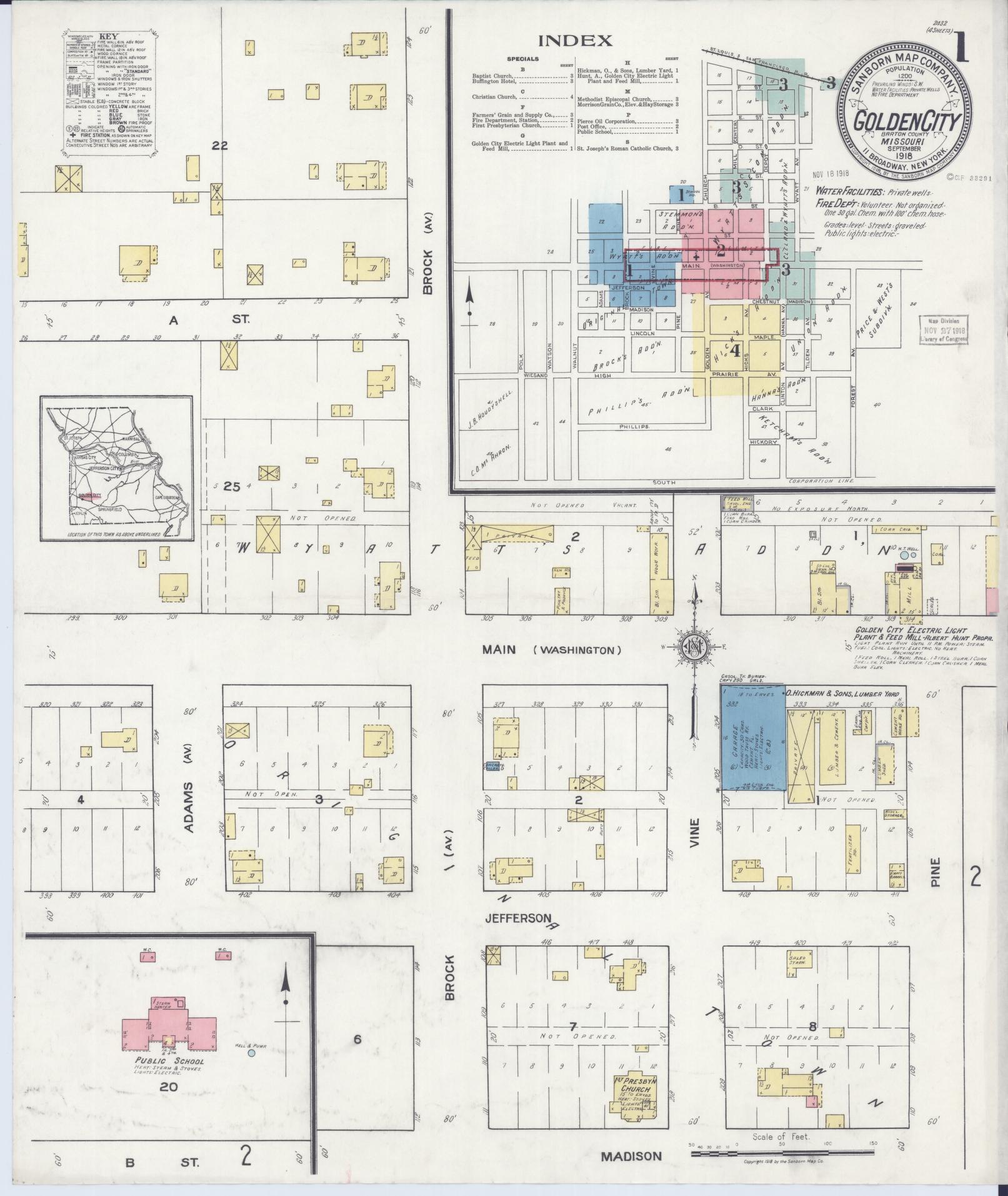 Sanborn Fire Insurance Map from Golden City, Barton County, Missouri (1918), Sheet #0001 - Complete Map Set gallery image, historic Sanborn map, vintage wall art, Missouri Missouri