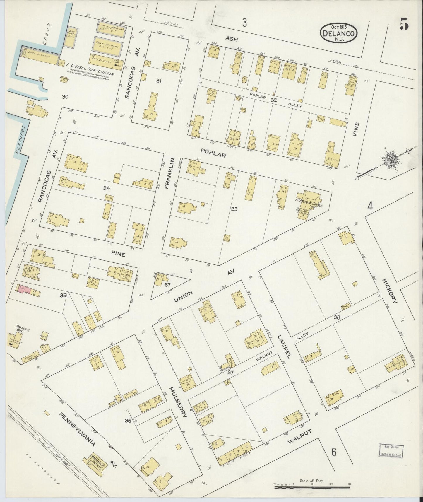 Sanborn Fire Insurance Map from Delanco, Burlington County, New Jersey (1915), Sheet #0005 - Historic Sanborn Fire Insurance Map Print, vintage old map wall art, antique decor, genealogy gift, New Jersey New Jersey map