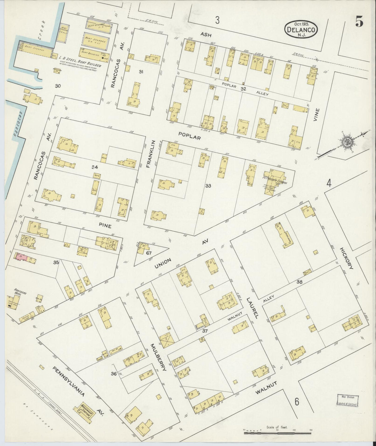 Sanborn Fire Insurance Map from Delanco, Burlington County, New Jersey (1915), Sheet #0005 - Historic Sanborn Fire Insurance Map Print, vintage old map wall art, antique decor, genealogy gift, New Jersey New Jersey map