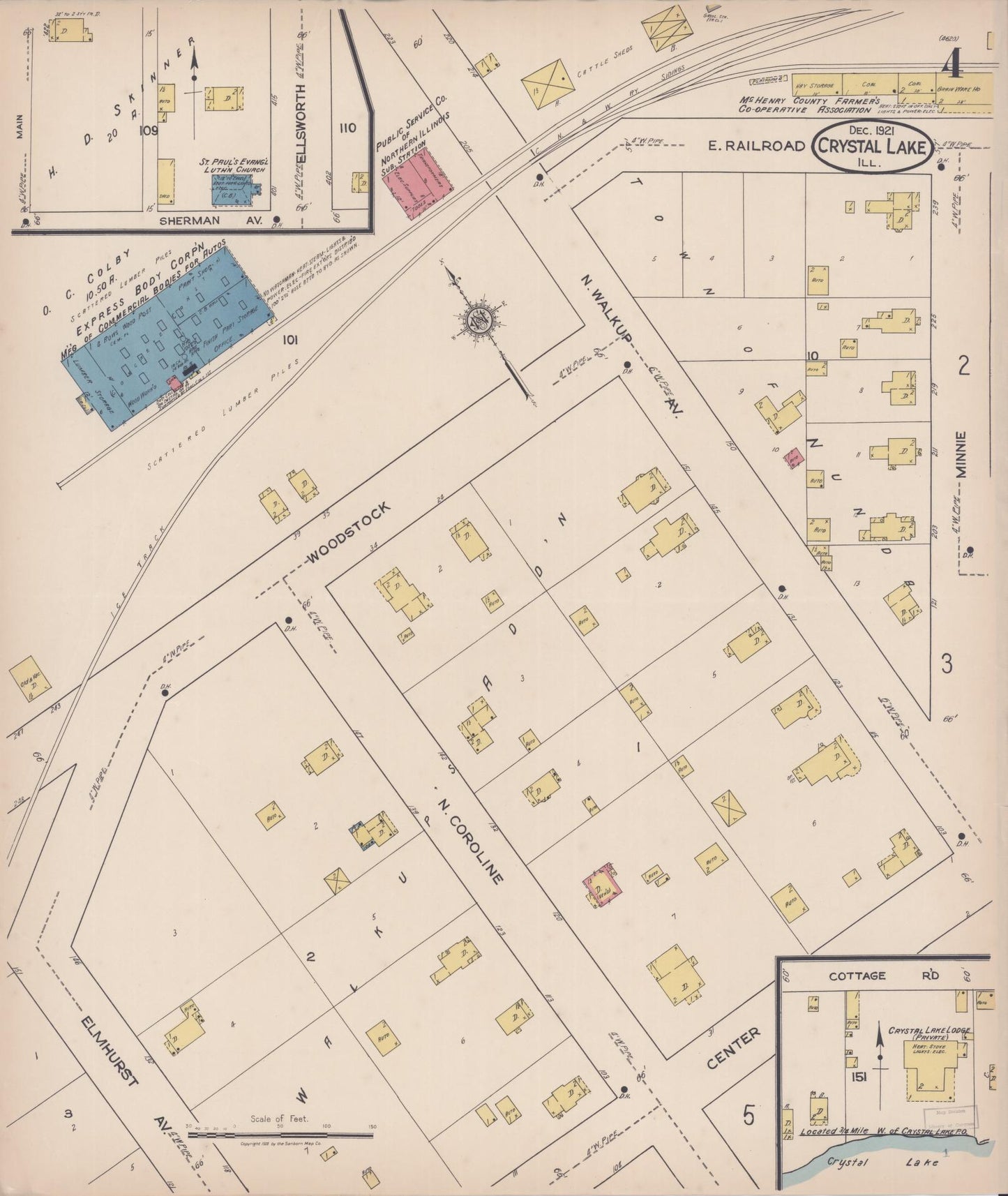Sanborn Fire Insurance Map from Crystal Lake, McHenry County, Illinois (1921), Sheet #0004 - Historic Sanborn Fire Insurance Map Print, vintage old map wall art, antique decor, genealogy gift, Illinois Illinois map