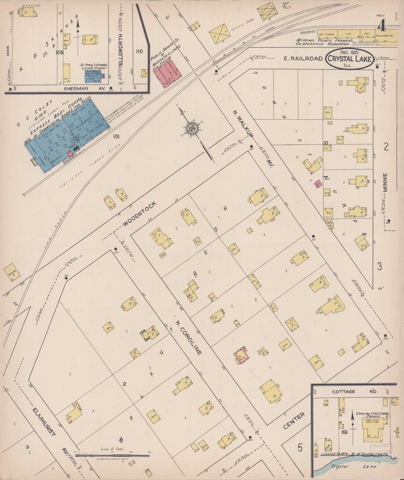 Sanborn Fire Insurance Map from Crystal Lake, McHenry County, Illinois (1921), Sheet #0004 - Historic Sanborn Fire Insurance Map Print, vintage old map wall art, antique decor, genealogy gift, Illinois Illinois map