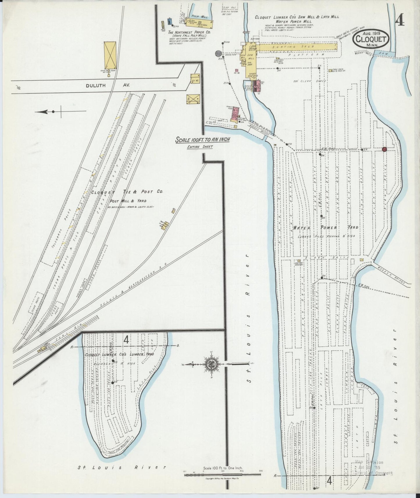 Sanborn Fire Insurance Map from Cloquet, Carlton County, Minnesota (1919), Sheet #0004 - Historic Sanborn Fire Insurance Map Print, vintage old map wall art, antique decor, genealogy gift, Minnesota Minnesota map