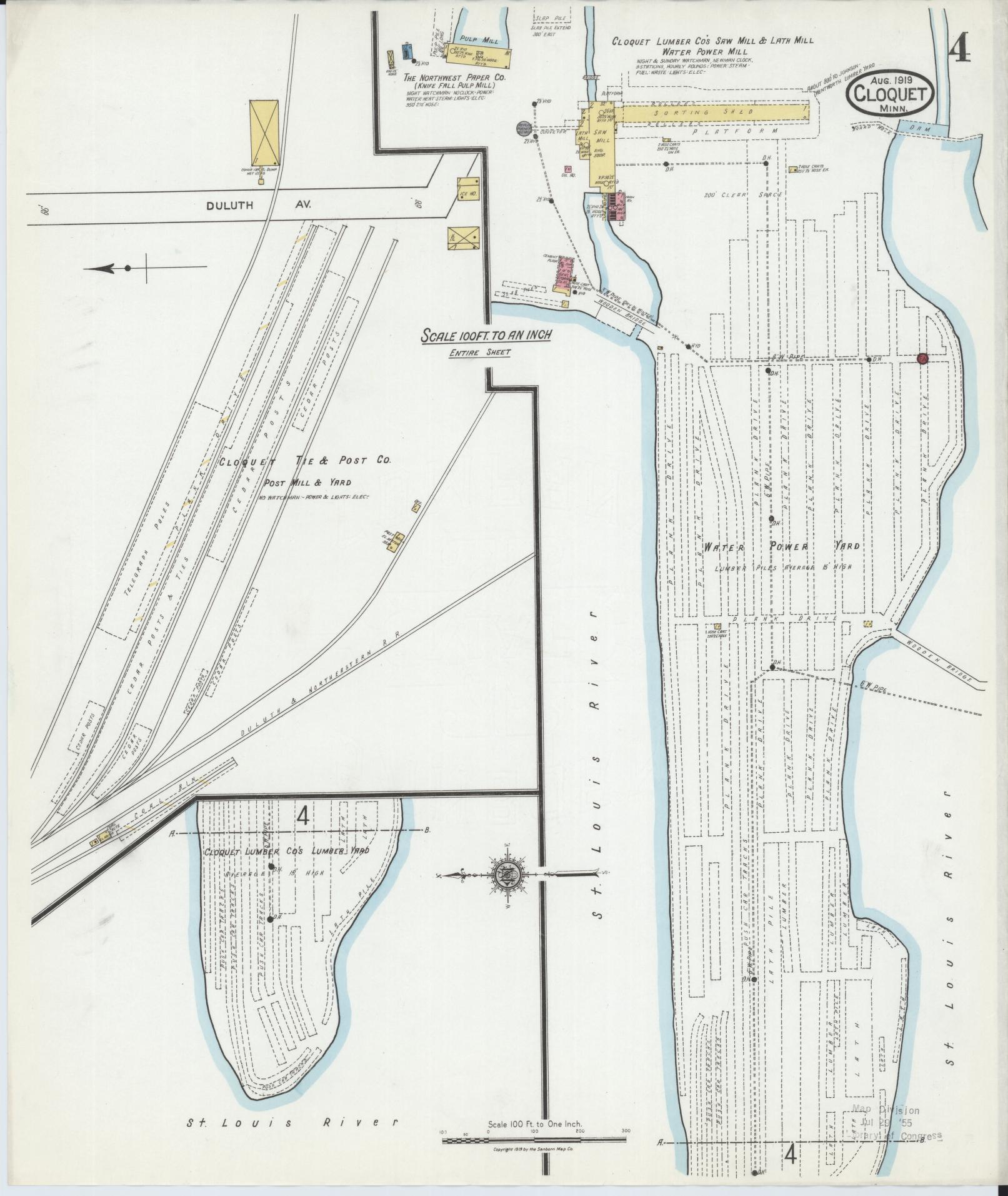 Sanborn Fire Insurance Map from Cloquet, Carlton County, Minnesota (1919), Sheet #0004 - Historic Sanborn Fire Insurance Map Print, vintage old map wall art, antique decor, genealogy gift, Minnesota Minnesota map