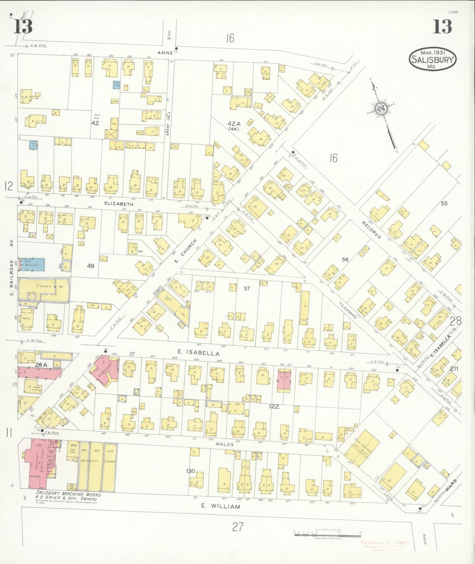 Sanborn Fire Insurance Map from Salisbury, Wicomico County, Maryland (1931), Sheet #0013 - Historic Sanborn Fire Insurance Map Print, vintage old map wall art