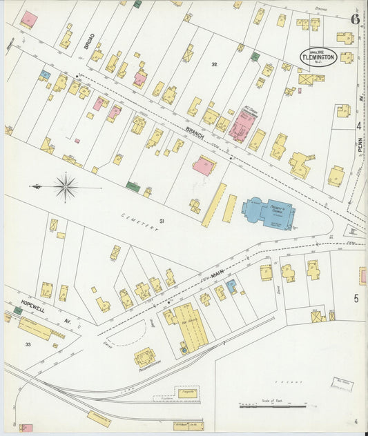 Sanborn Fire Insurance Map from Flemington, Hunterdon County, New Jersey (1902), Sheet #0006 - Historic Sanborn Fire Insurance Map Print, vintage old map wall art, antique decor, genealogy gift, New Jersey New Jersey map