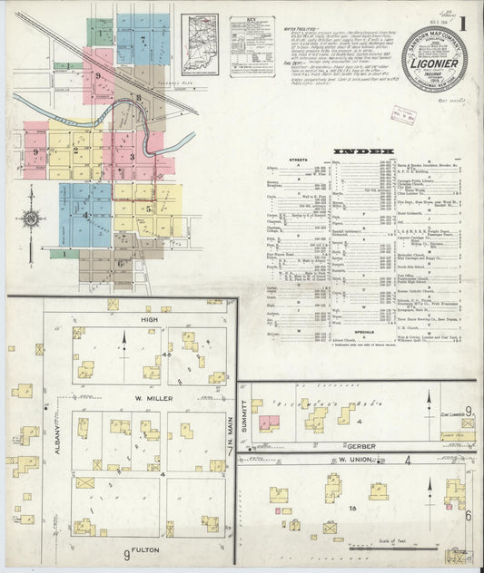 Sanborn Fire Insurance Map from Ligonier, Noble County, Indiana (1914), Sheet #0001 - Historic Sanborn Fire Insurance Map Print, vintage old map wall art, antique decor, genealogy gift, Indiana Indiana map