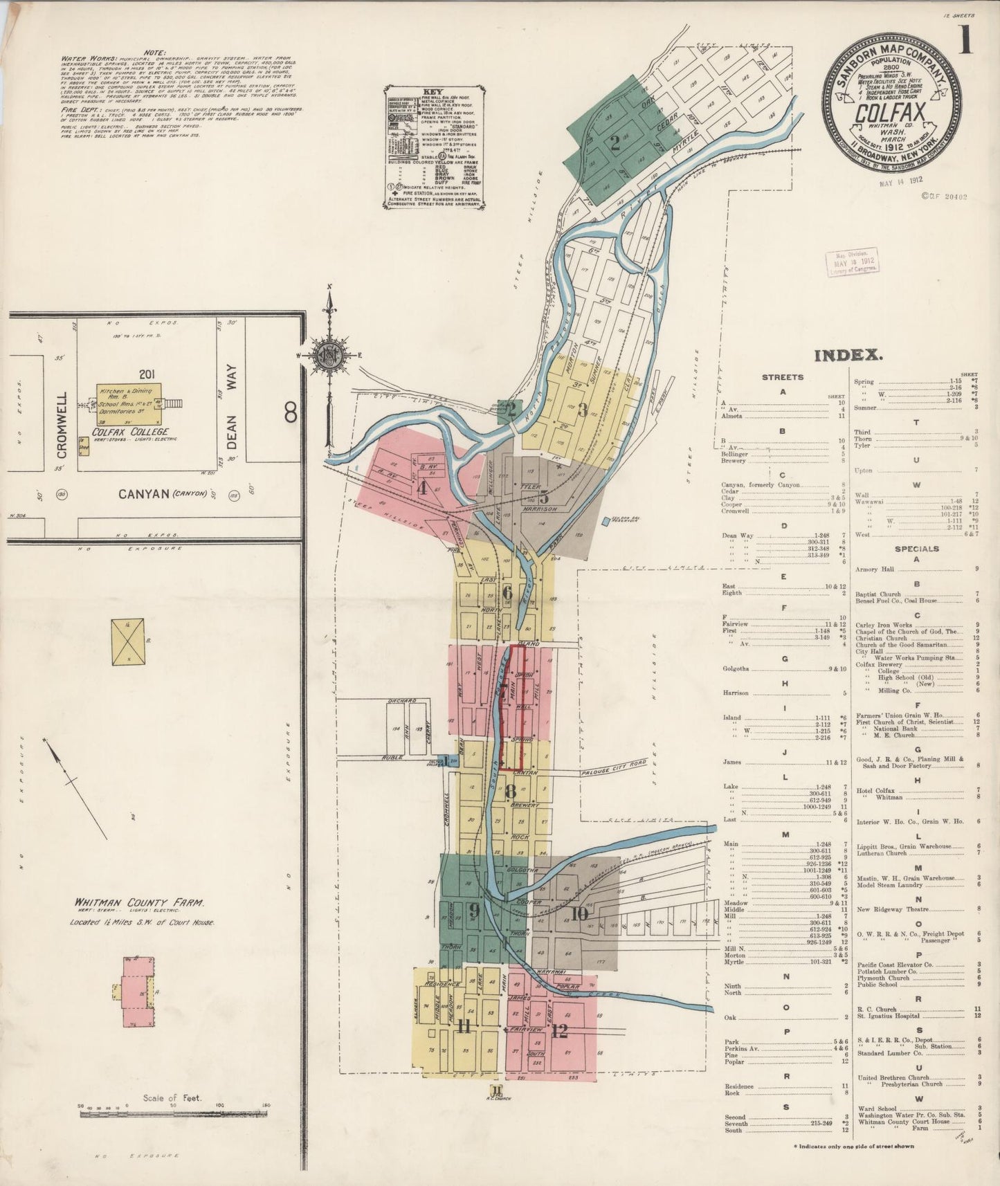 Sanborn Fire Insurance Map from Colfax, Whitman County, Washington (1912), Sheet #0001 - Complete Map Set gallery image, historic Sanborn map, vintage wall art, Washington Washington