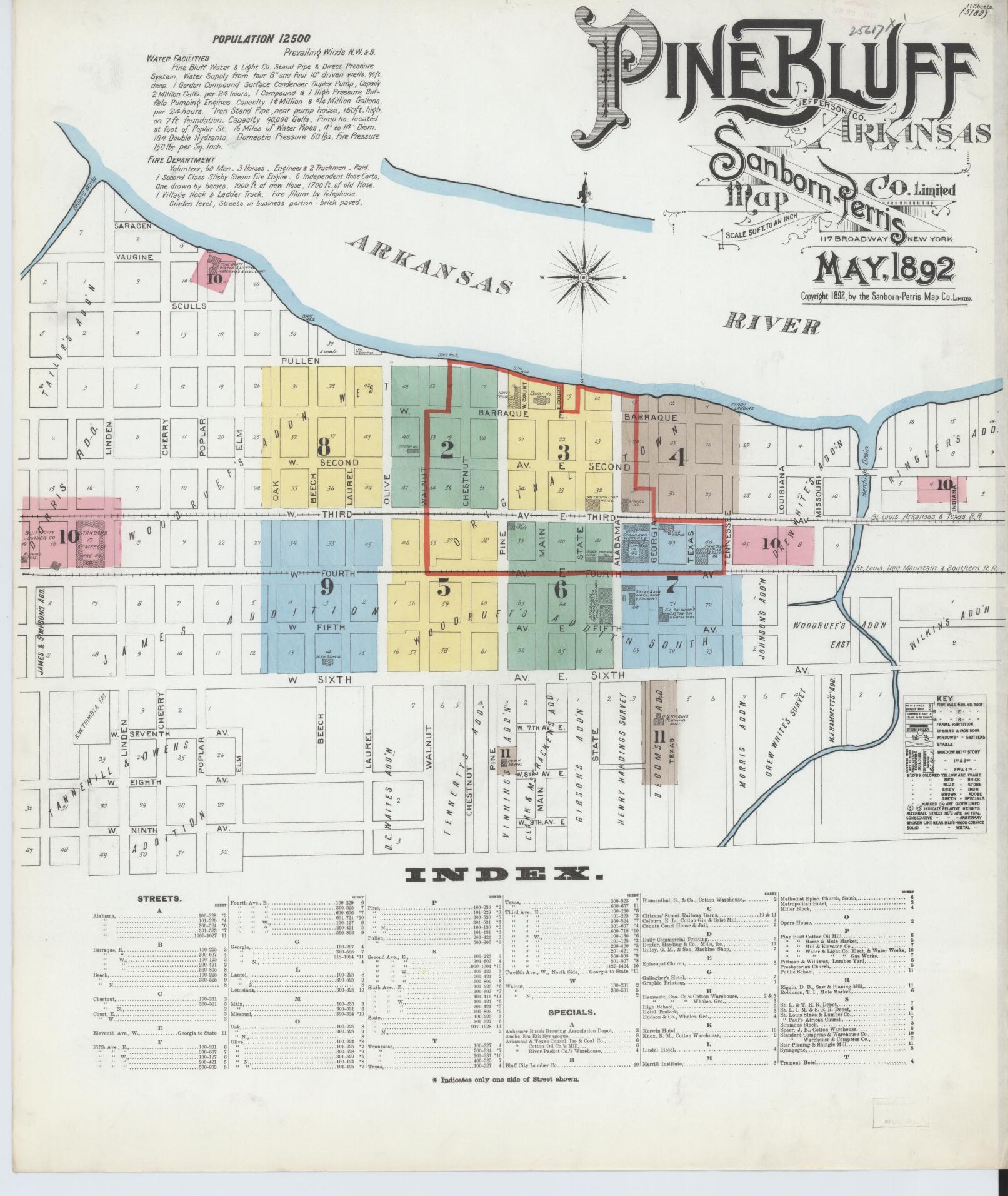 Sanborn Fire Insurance Map from Pine Bluff, Jefferson County, Arkansas (1892), Sheet #0001 - Complete Map Set gallery image, historic Sanborn map, vintage wall art, Arkansas Arkansas