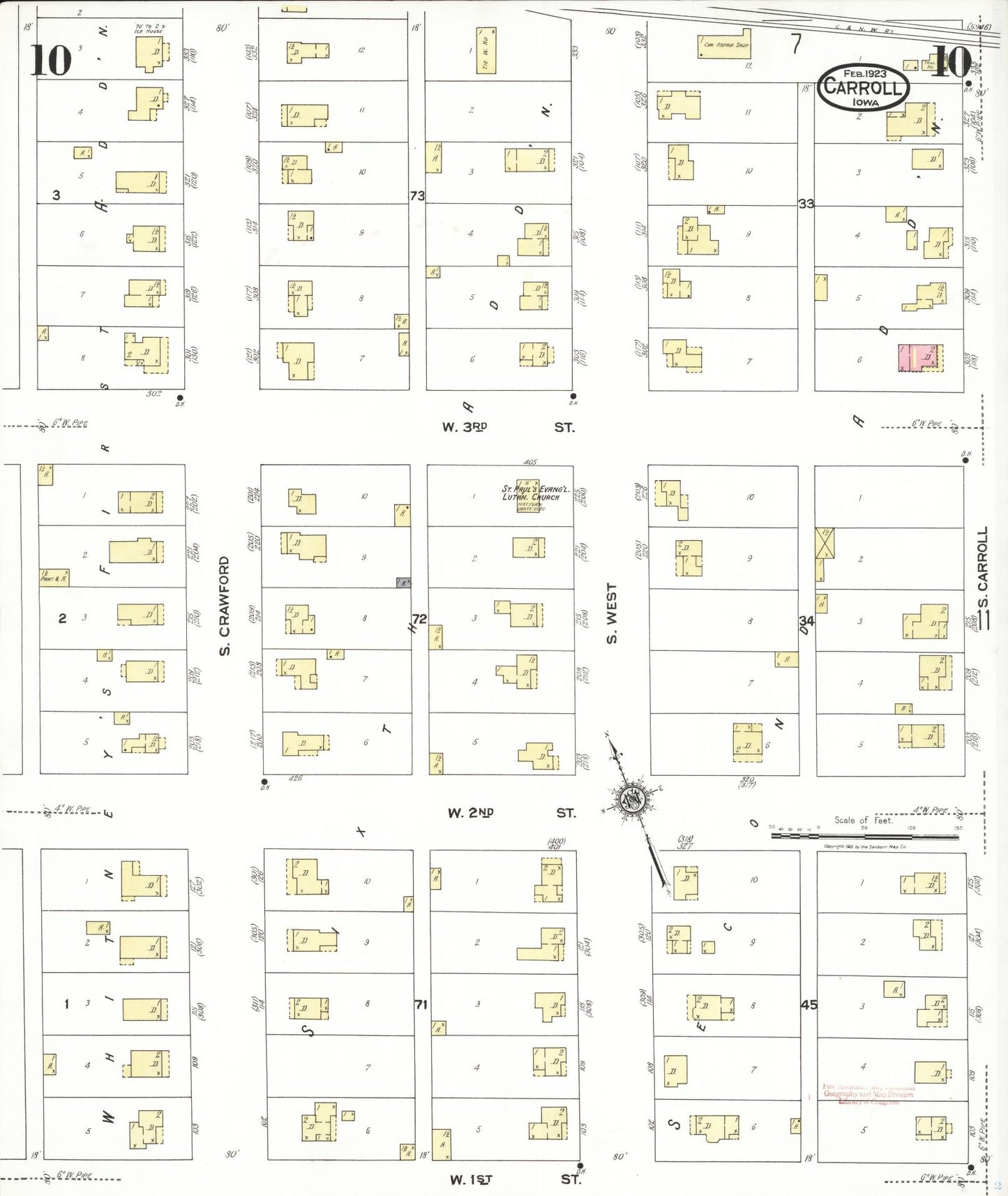 Sanborn Fire Insurance Map from Carroll, Carroll County, Iowa (1923), Sheet #0010 - Historic Sanborn Fire Insurance Map Print, vintage old map wall art
