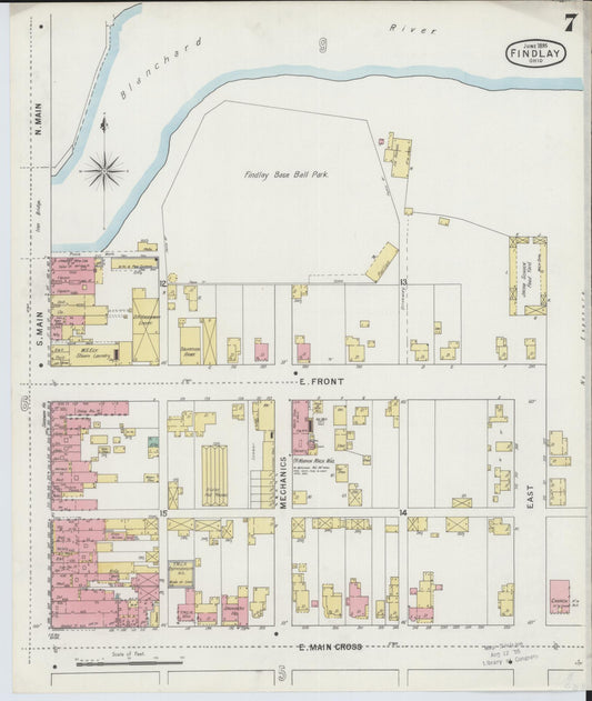 Sanborn Fire Insurance Map from Findlay, Hancock County, Ohio (1895), Sheet #0007 - Historic Sanborn Fire Insurance Map Print, vintage old map wall art, antique decor, genealogy gift, Ohio Ohio map