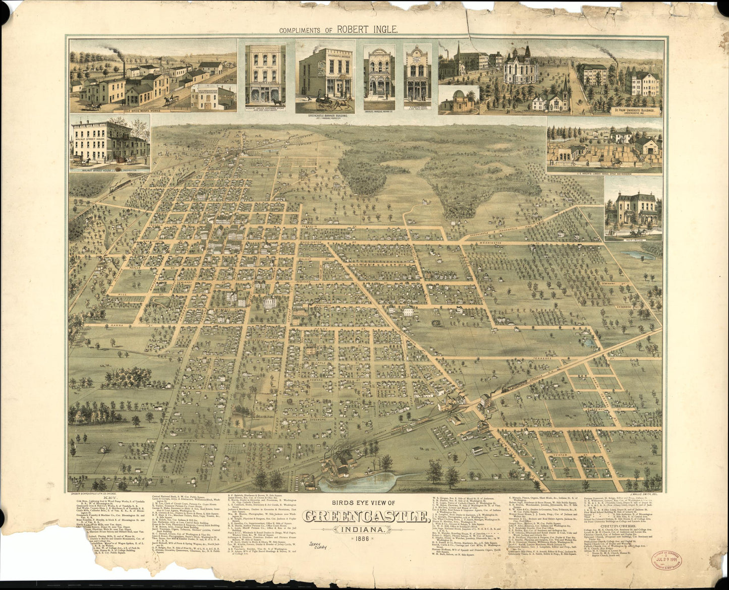 Birds eye view of Greencastle, Indiana, 1886 (1886) – Historic Bird’s-Eye View Panorama Print