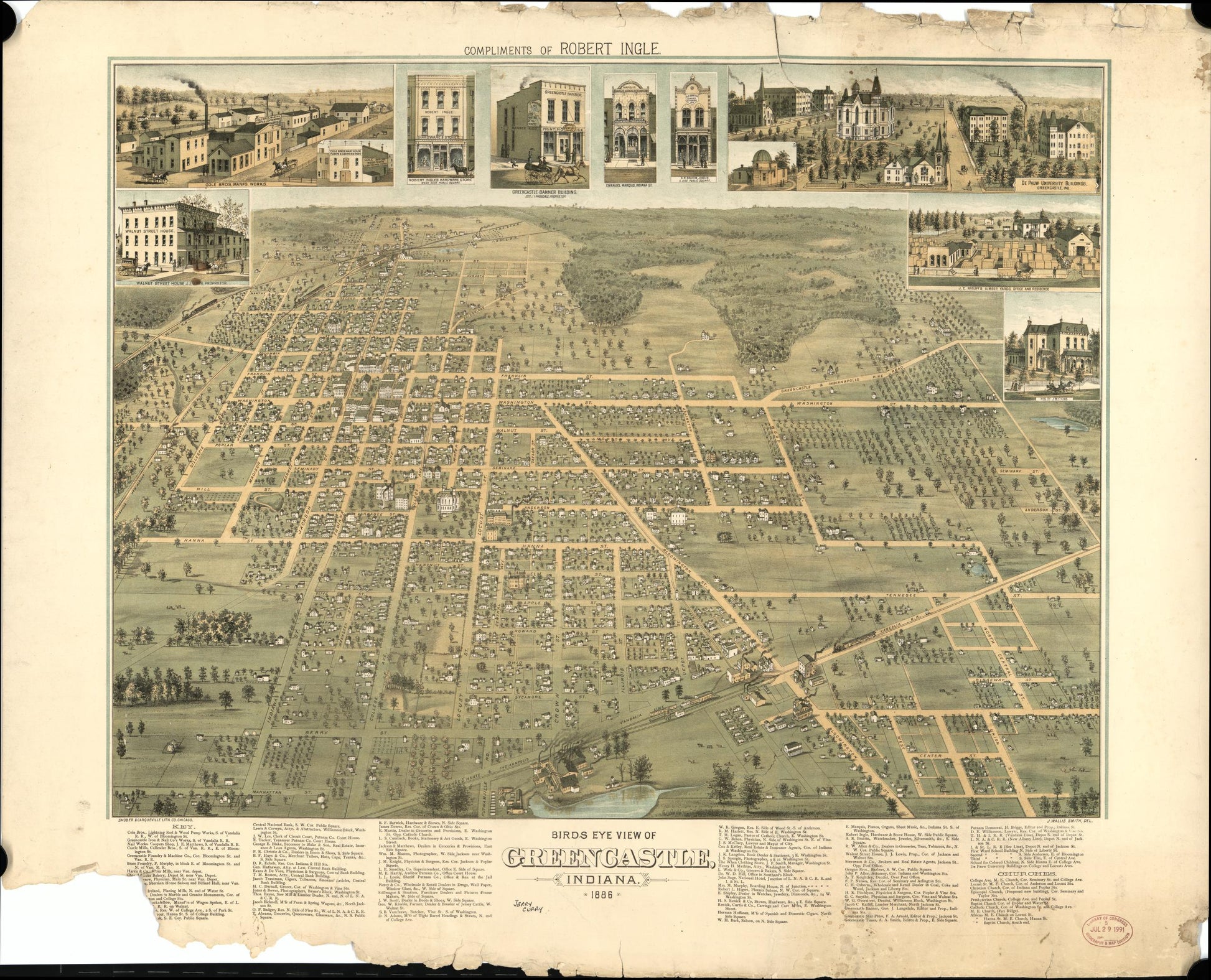 Birds eye view of Greencastle, Indiana, 1886 (1886) – Historic Bird’s-Eye View Panorama Print