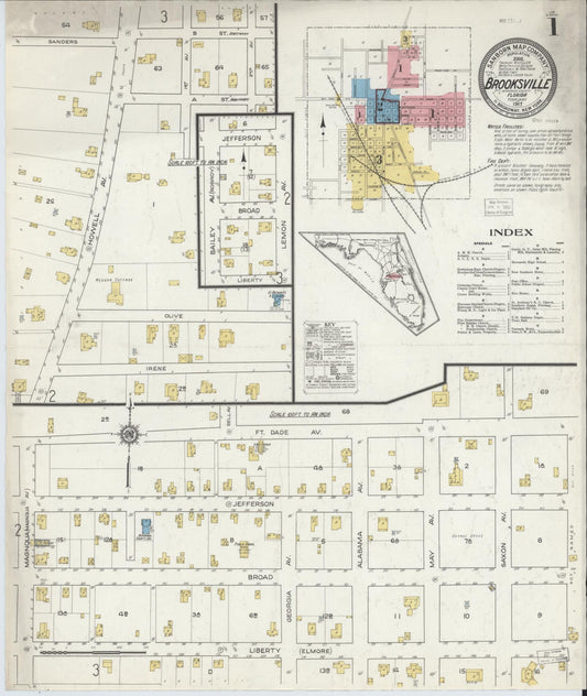 Sanborn Fire Insurance Map from Brooksville, Hernando County, Florida (1917), Sheet #0001 - Complete Map Set gallery image, historic Sanborn map, vintage wall art, Florida Florida