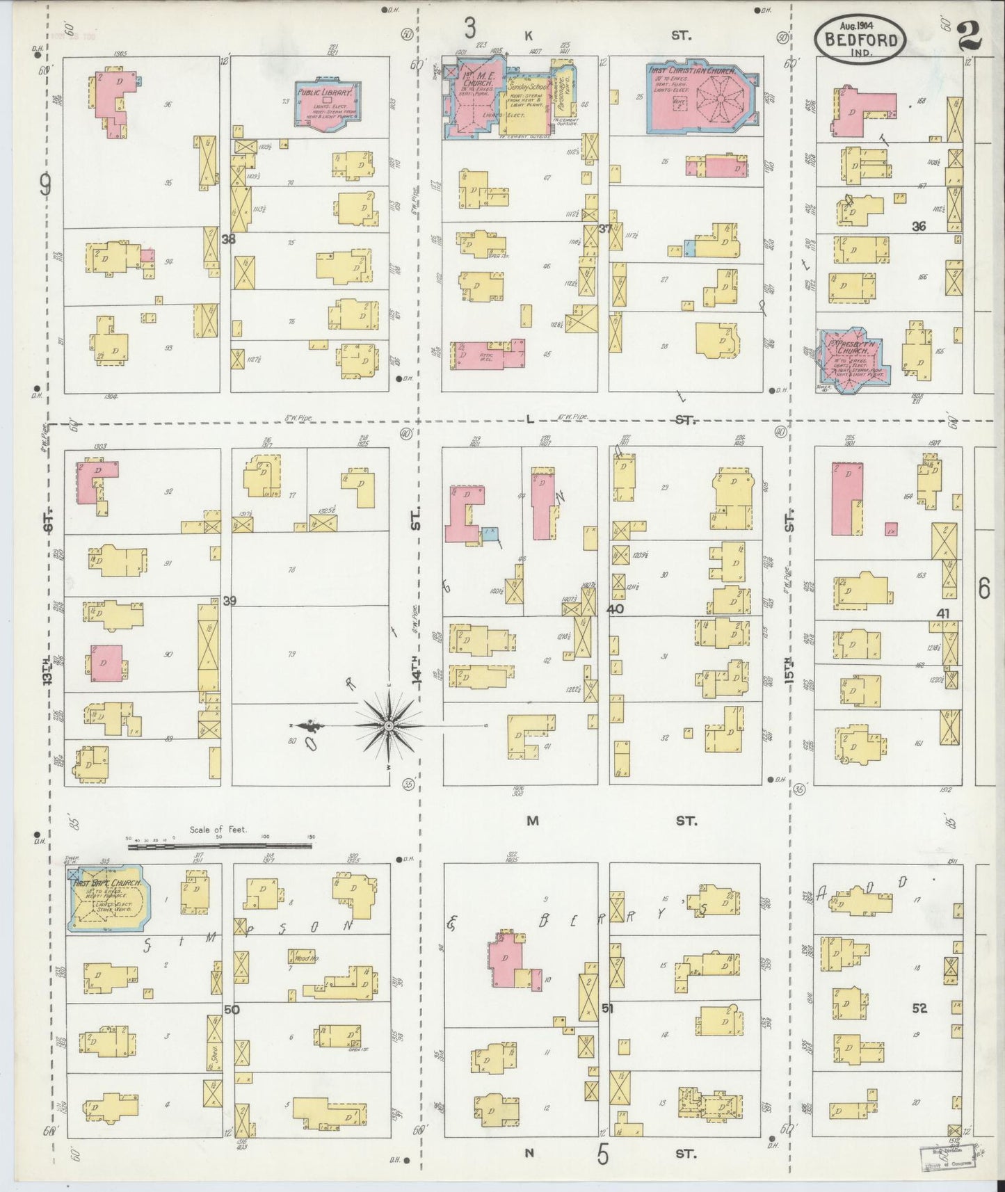 Sanborn Fire Insurance Map from Bedford, Lawrence County, Indiana (1904), Sheet #0002 - Historic Sanborn Fire Insurance Map Print, vintage old map wall art, antique decor, genealogy gift, Indiana Indiana map