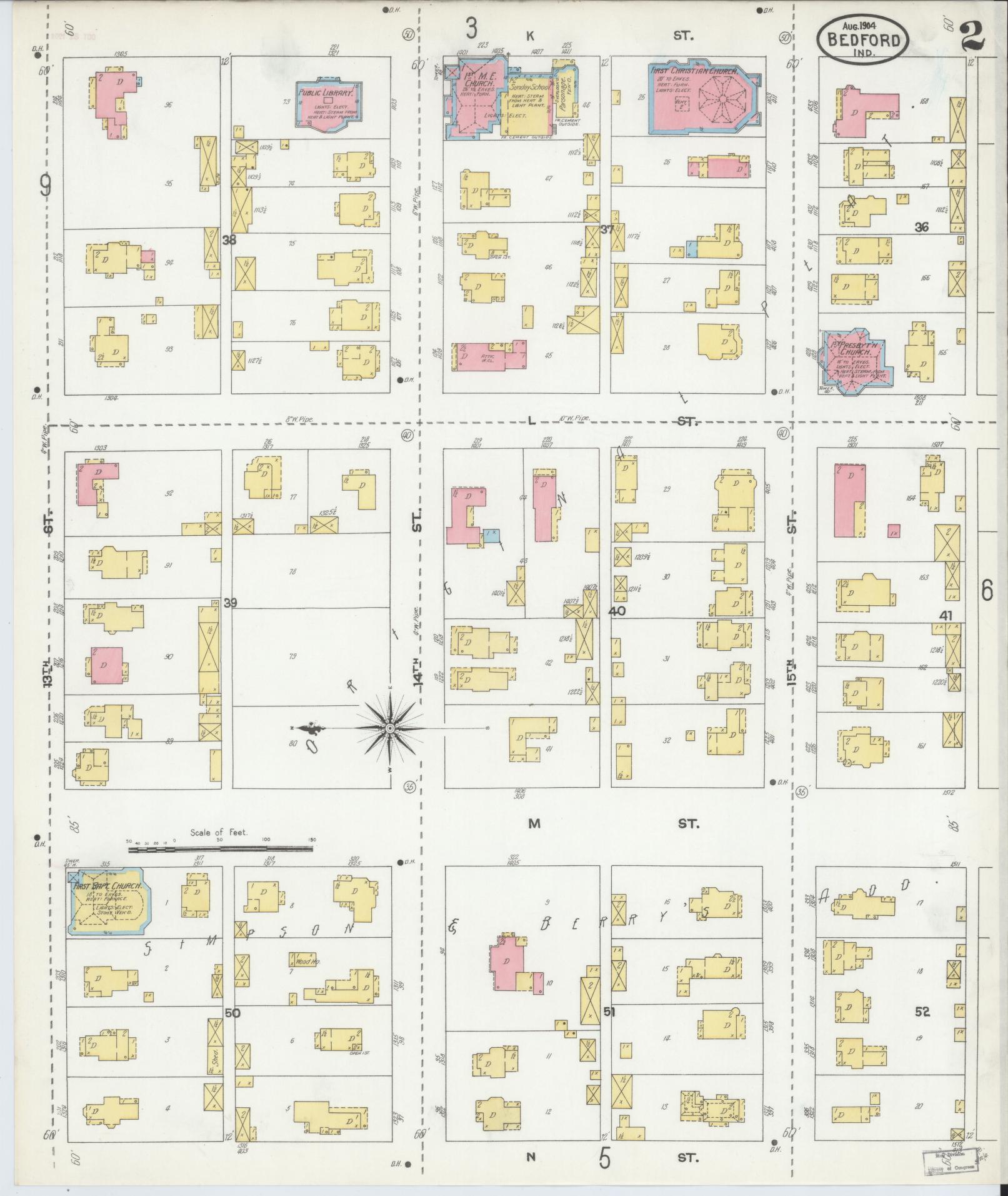 Sanborn Fire Insurance Map from Bedford, Lawrence County, Indiana (1904), Sheet #0002 - Historic Sanborn Fire Insurance Map Print, vintage old map wall art, antique decor, genealogy gift, Indiana Indiana map