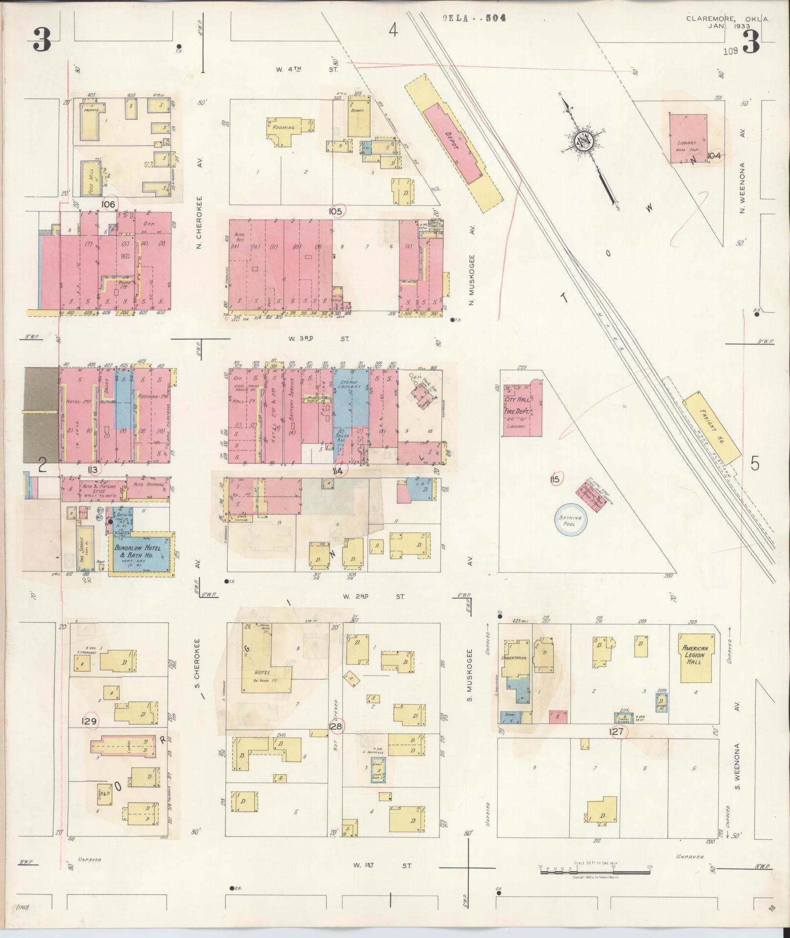 Sanborn Fire Insurance Map from Claremore, Rogers County, Oklahoma (1940), Sheet #0003 - Complete Map Set gallery image, historic Sanborn map, vintage wall art, Oklahoma Oklahoma