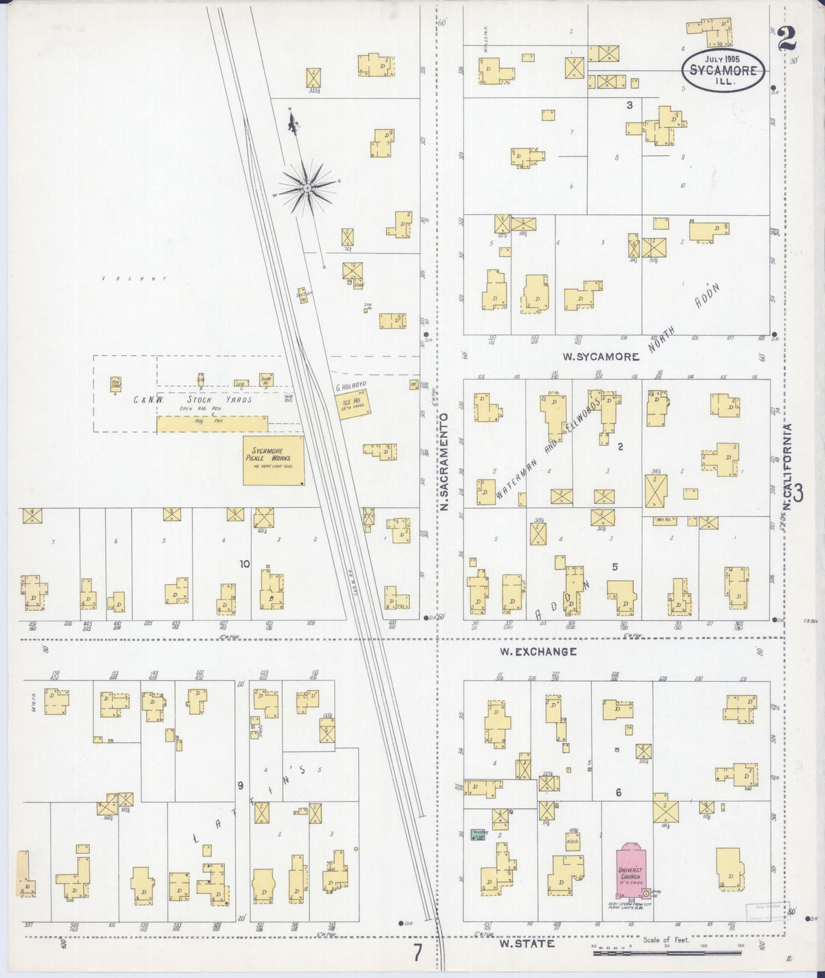 Sanborn Fire Insurance Map from Sycamore, De Kalb County, Illinois (1905), Sheet #0002 - Complete Map Set gallery image, historic Sanborn map, vintage wall art, Illinois Illinois