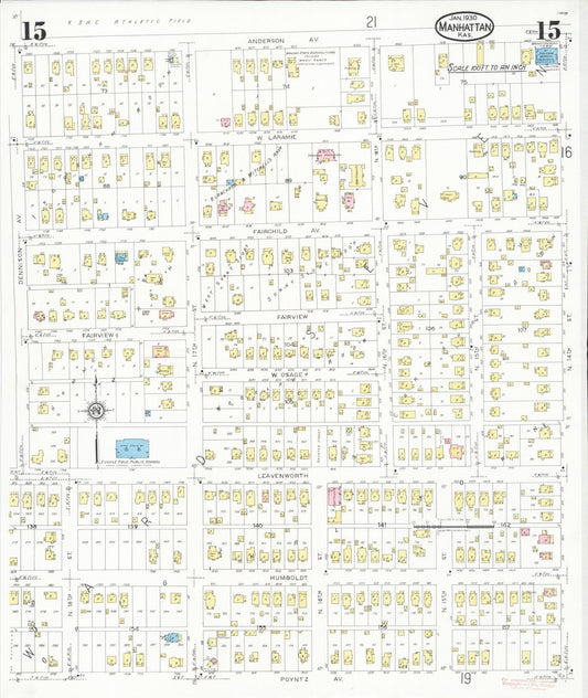 Sanborn Fire Insurance Map from Manhattan, Riley County, Kansas (1930), Sheet #0015 - Historic Sanborn Fire Insurance Map Print, vintage old map wall art, antique decor, genealogy gift, Kansas Kansas map