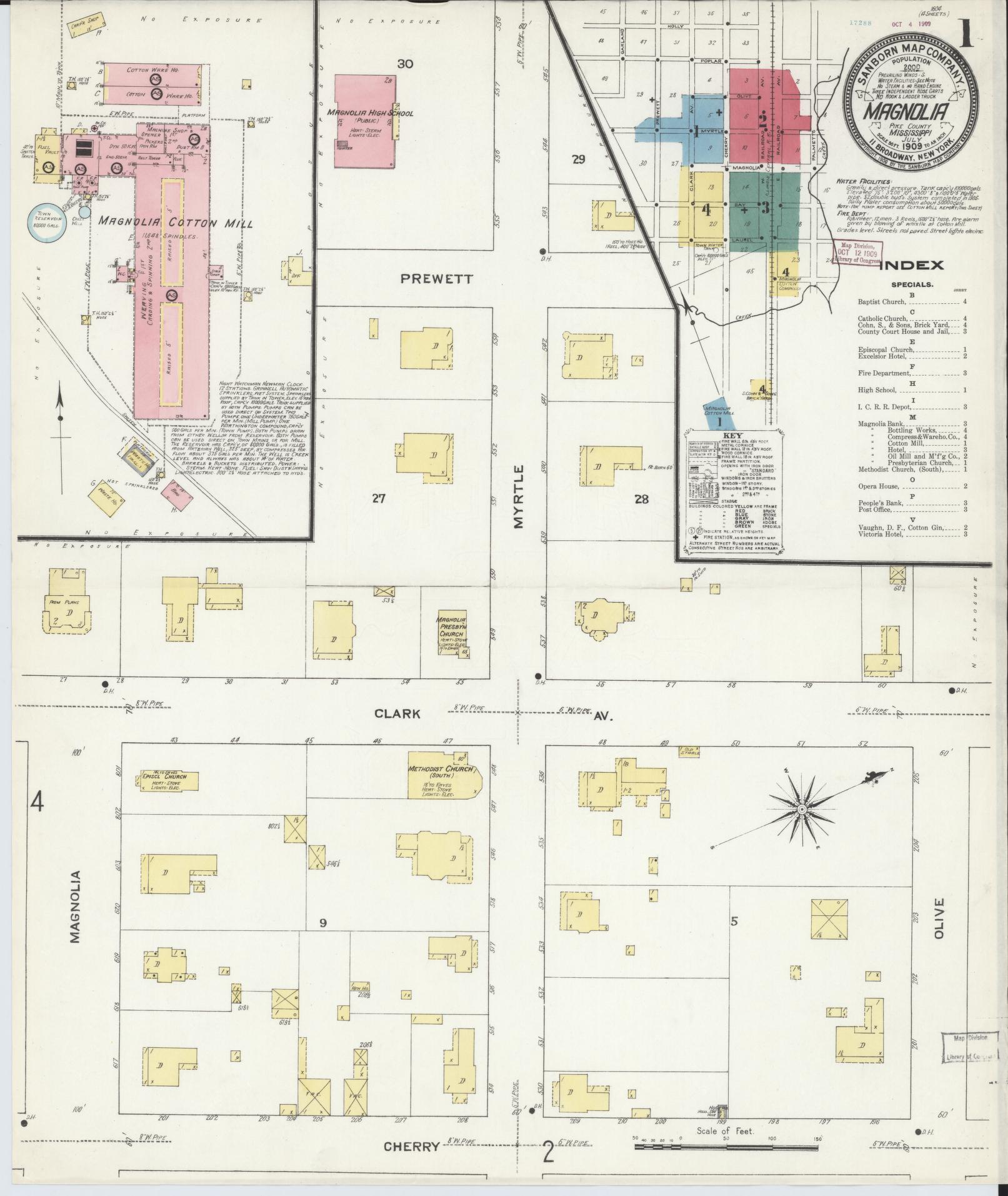 Sanborn Fire Insurance Map from Magnolia, Pike County, Mississippi (1909), Sheet #0001 - Complete Map Set gallery image, historic Sanborn map, vintage wall art, Mississippi Mississippi