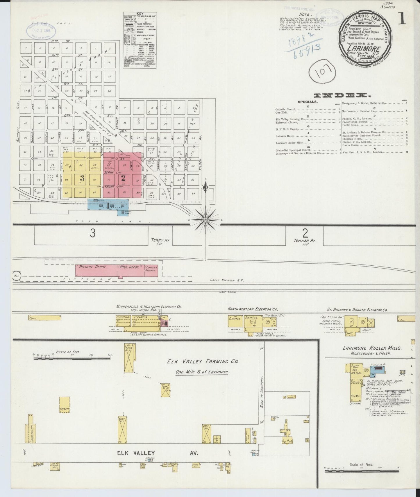 Sanborn Fire Insurance Map from Larimore, Grand Forks County, North Dakota (1898), Sheet #0001 - Complete Map Set gallery image, historic Sanborn map, vintage wall art, North Dakota North Dakota