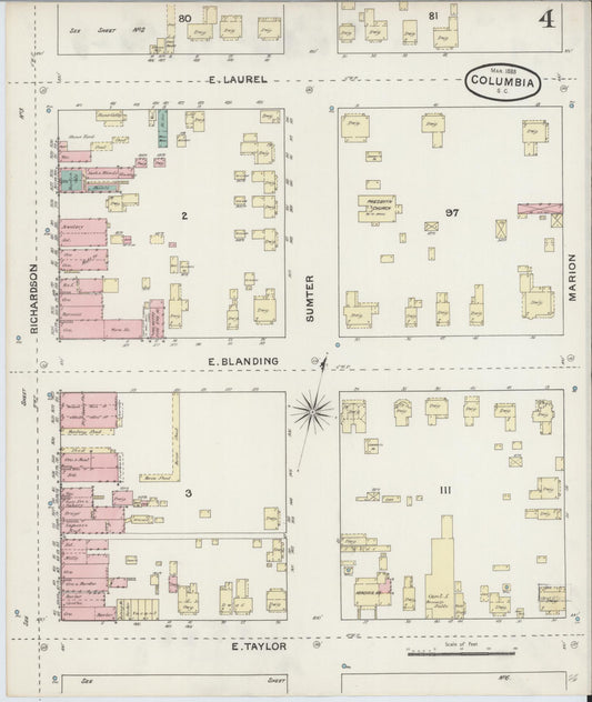Sanborn Fire Insurance Map from Columbia, Richland County, South Carolina (1888), Sheet #0004 - Historic Sanborn Fire Insurance Map Print, vintage old map wall art, antique decor, genealogy gift, South Carolina South Carolina map