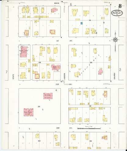 Sanborn Fire Insurance Map from Ackley, Hardin and Franklin Counties, Iowa (1916), Sheet #0008 - Historic Sanborn Fire Insurance Map Print, vintage old map wall art