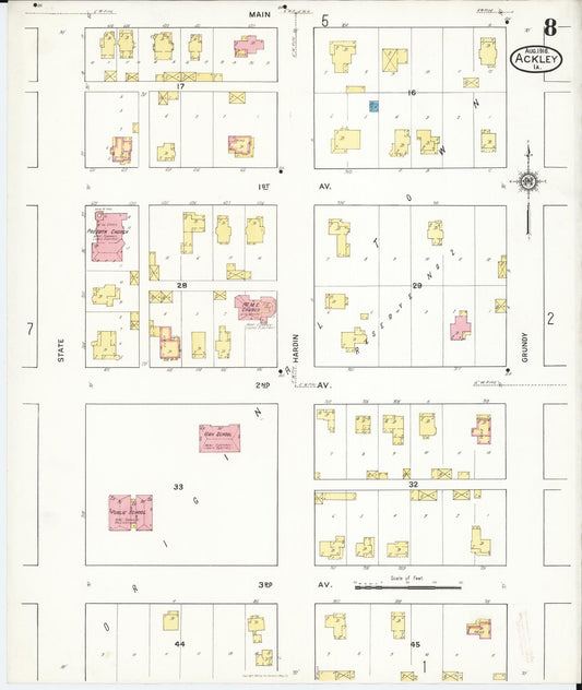 Sanborn Fire Insurance Map from Ackley, Hardin and Franklin Counties, Iowa (1916), Sheet #0008 - Historic Sanborn Fire Insurance Map Print, vintage old map wall art