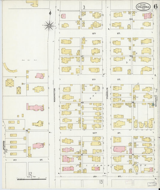 Sanborn Fire Insurance Map from Columbus, Bartholomew County, Indiana (1906), Sheet #0006 - Historic Sanborn Fire Insurance Map Print, vintage old map wall art, antique decor, genealogy gift, Indiana Indiana map